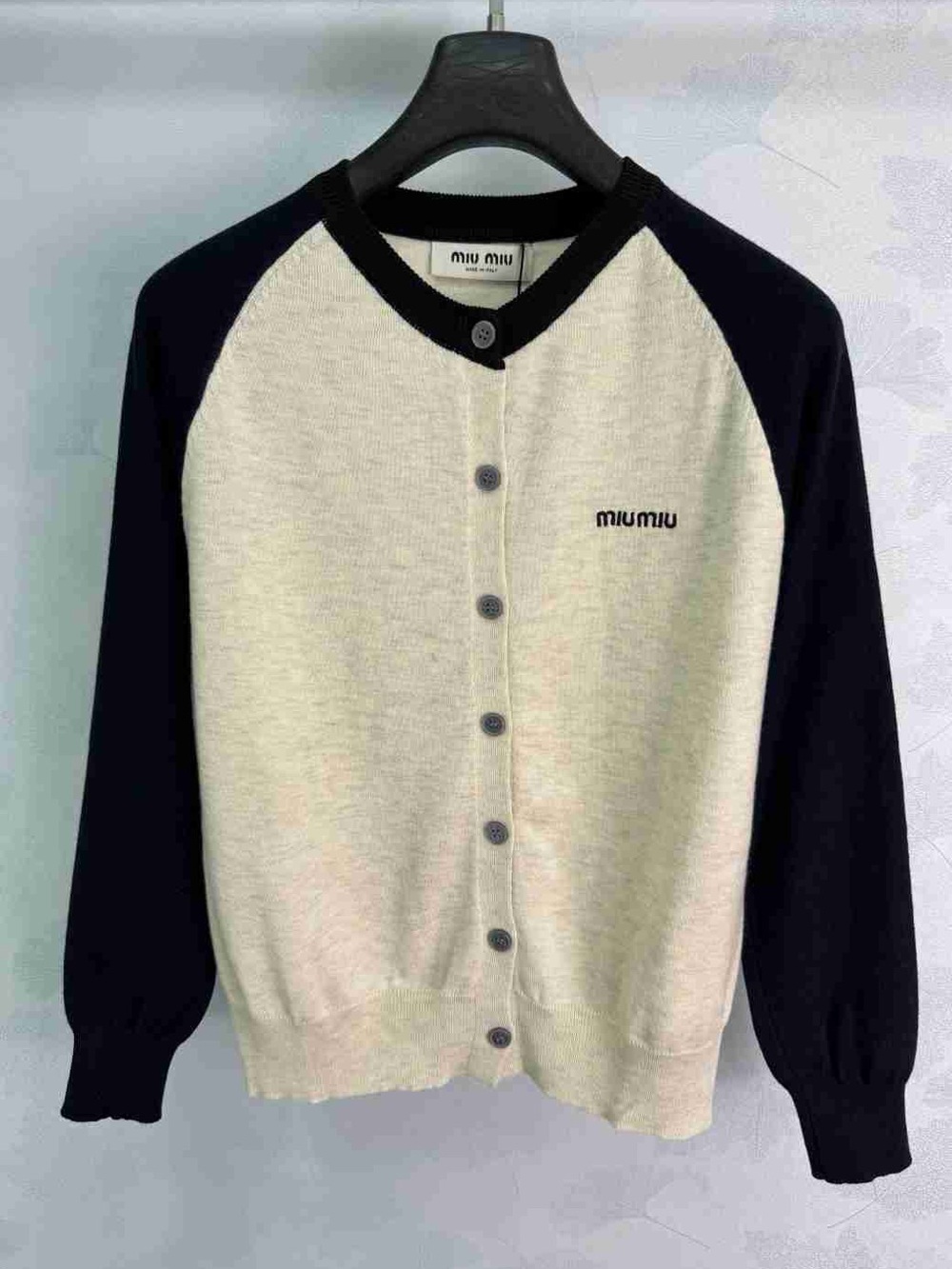 Miu Miu Cream and Navy Raglan Button Cardigan